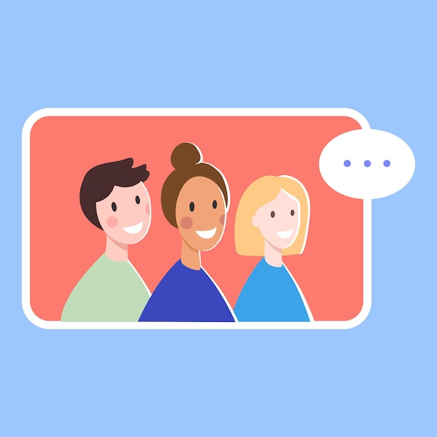 Comunicación en línea, conferencia, trabajo o llamada de amistad del fondo del concepto de personas globales, ilustración de vector de estilo de dibujos animados plana.