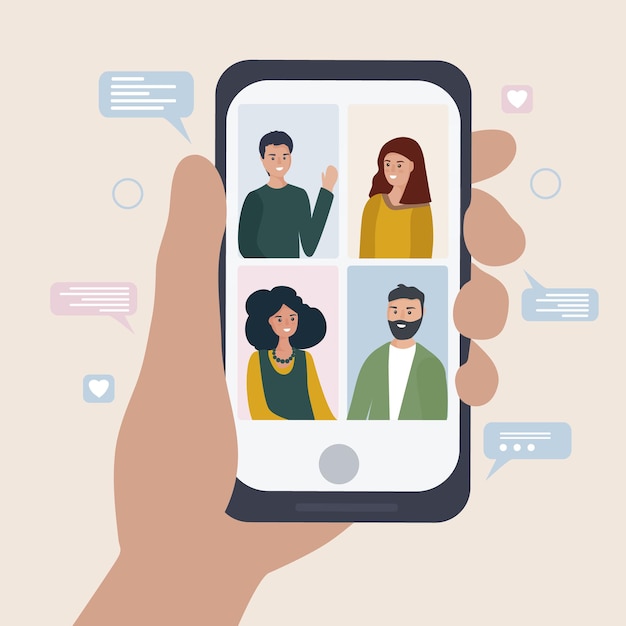 Comunicación en línea entre un grupo de personas que utilizan la aplicación móvil.