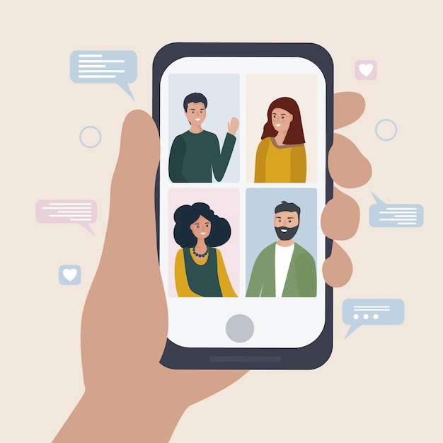 Vector comunicación en línea entre un grupo de personas que utilizan la aplicación móvil.