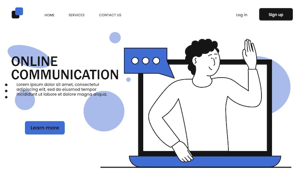 Comunicación en línea y hombre hablando desde el concepto de ilustración de vector de computadora portátil Tecnología de Internet