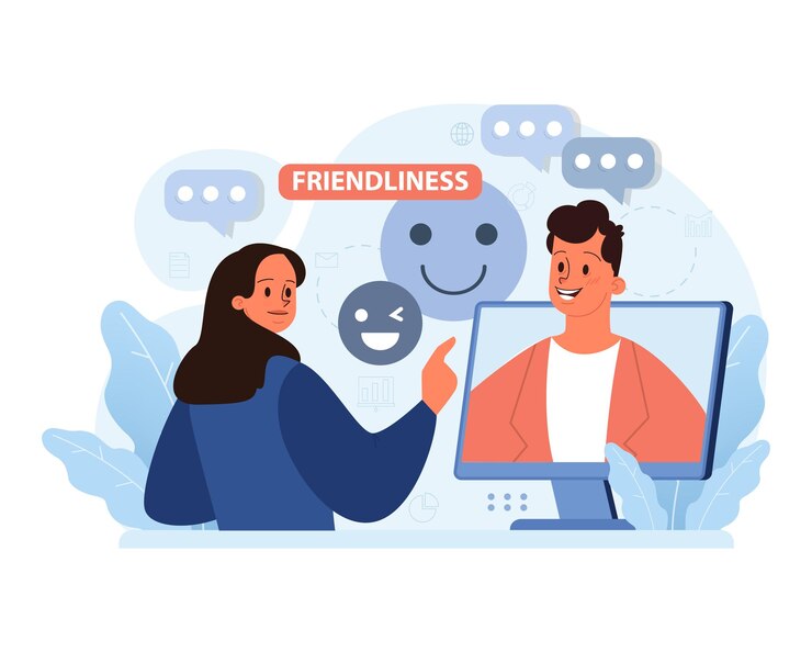 Comunicación en línea tema diversos colegas participan en una conversación virtual amistosa haciendo hincapié