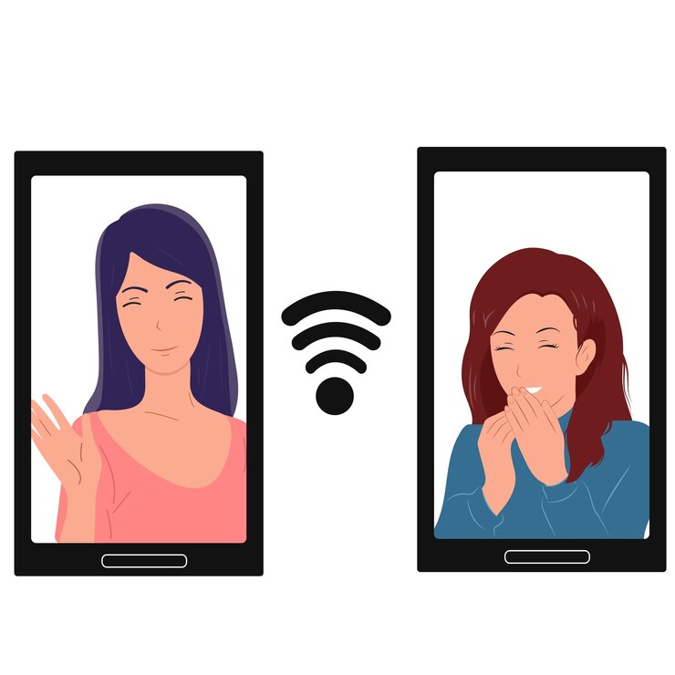 Vector comunicación en línea trabajo niñas amistad en el teléfono vector plano