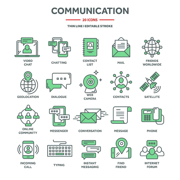 Vector comunicación medios sociales y chat en línea llamadas telefónicas sms mensajería en aplicación de mensajería de teléfonos inteligentes servicios web de correo electrónico de computación soporte de iconos de línea delgada conjunto ilustración vectorial