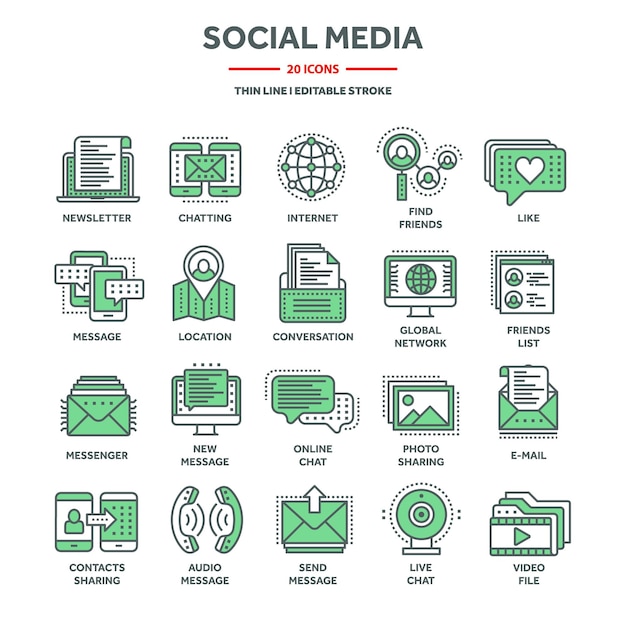 Comunicación medios sociales y chat en línea llamadas telefónicas SMS mensajería en aplicación de mensajería de teléfonos inteligentes Servicios web de correo electrónico de computación Soporte de iconos de línea delgada conjunto Ilustración vectorial