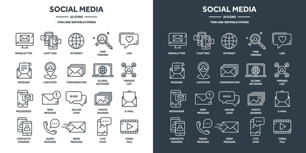 Comunicación medios sociales y chat en línea llamadas telefónicas SMS mensajería en aplicación de mensajería de teléfonos inteligentes Servicios web de correo electrónico de computación Soporte de iconos de línea delgada conjunto Ilustración vectorial