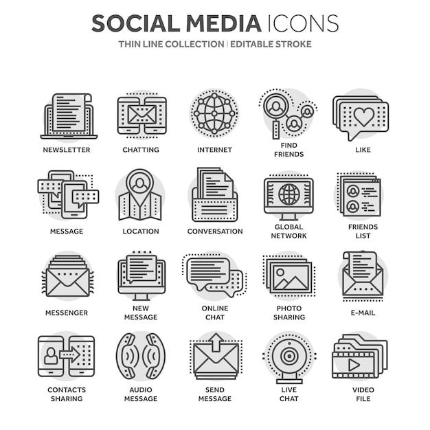 Comunicación Medios sociales Conversación en línea Aplicación de llamadas telefónicas mensajero Móviles Smartphone Computación Correo electrónico Línea delgada conjunto de iconos de web negra Colección de iconos del contorno