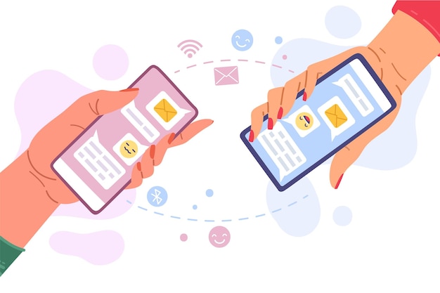 Comunicación de mensajes telefónicos. Manos coloridas sosteniendo teléfono personas escriben sms envían emoticonos, conversación de mensajero de internet remoto, mensaje en línea a amigo vector ilustración de concepto plano de dibujos animados