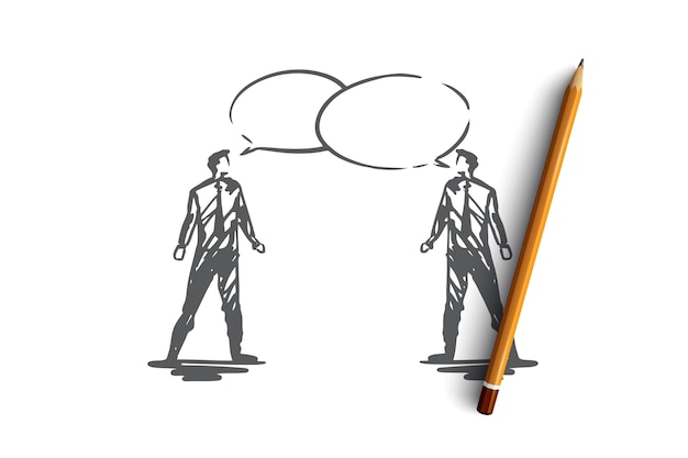 Comunicación, negocios, discurso, chat, concepto de conversación. Dibujado a mano dos hombres de negocios hablando de boceto de concepto.