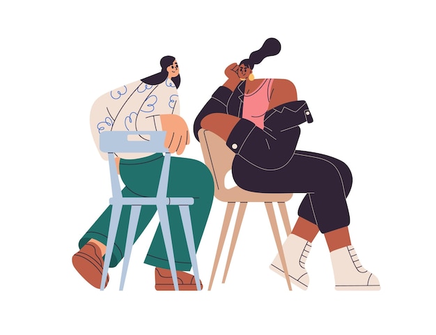 Comunicación de personas. Chicas iniciando conversaciones, comunicándose, hablando. Mujeres jóvenes felices conocidas, mirándose unas a otras. Ilustración vectorial gráfica plana aislada sobre fondo blanco.