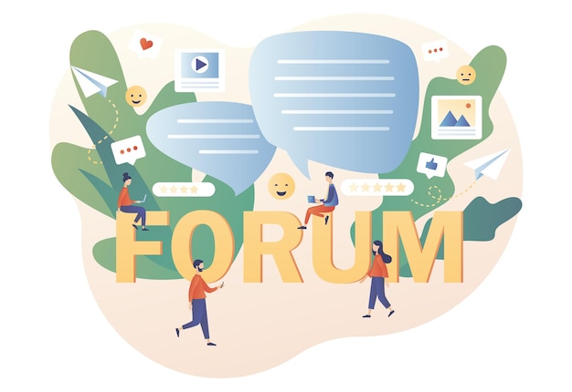 Comunicación de personas diminutas en el grupo comunitario. Concepto de foro. Mensajes de chat de Internet, diálogo