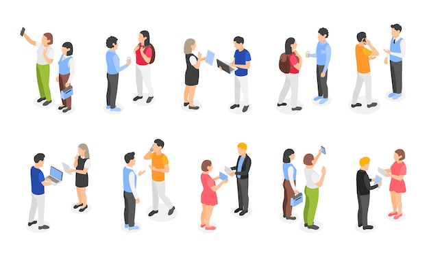 Comunicación de personas isométricas y uso de aparatos Personas ocasionales y empresariales aisladas hablando y trabajando con portátiles colección vectorial impecable