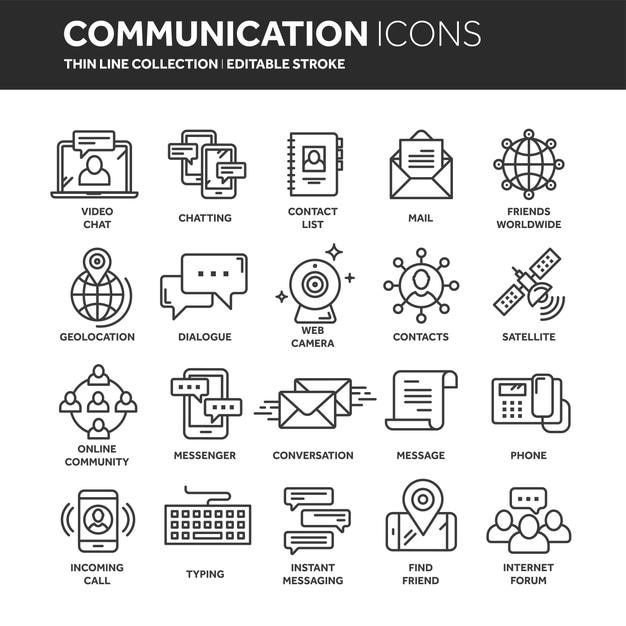 Vector comunicación redes sociales y chat en línea llamadas telefónicas aplicación de mensajería móviles teléfonos inteligentes computación correo electrónico línea delgada icono web configuración colección de iconos de esquema