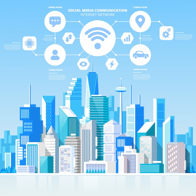 Comunicación de redes sociales Conexión a la red de Internet Ciudad Rascacielos Ver Paisaje urbano