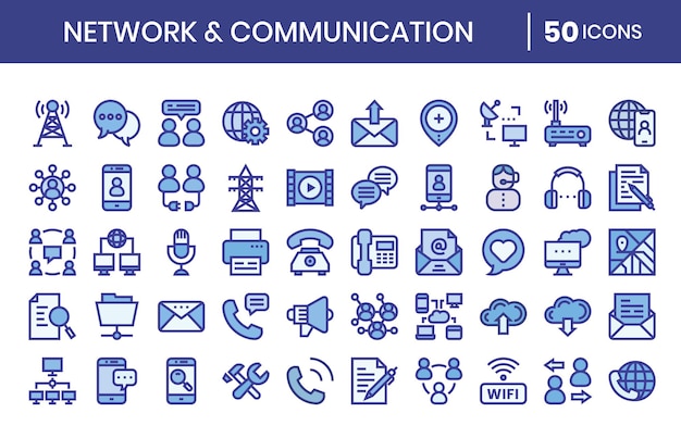 Y la comunicación Set de iconos de color azul de la red