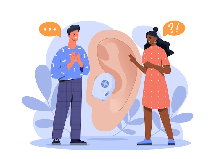 Vector comunicación de sordos y mudos hombre y mujer se comunican usando lenguaje de señas en el fondo del oído personas con discapacidad programa de habla ilustración de vector plano