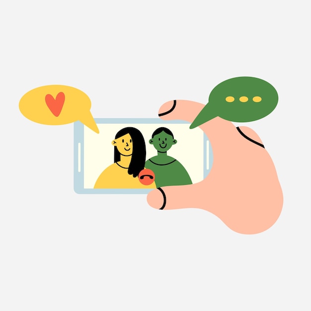 Comunicación de teléfonos inteligentes Teléfono de mano Chatear mensajes de video con familiares y amigos Pantalla del dispositivo con personas caras aplicación de tiempo facial gadget dibujos animados plano ilustración vectorial aislada