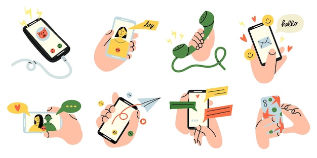 Comunicación de teléfonos inteligentes Teléfono de mano Conversación de video y mensajes de texto Correo electrónico Pantalla del dispositivo con personas se enfrenta a la aplicación facetime Gadget dibujos animados plano ilustración vectorial aislada