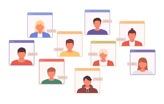Comunicación virtual en línea a través de videoconferencia por Internet. La gente habla de forma remota en un chat en línea.