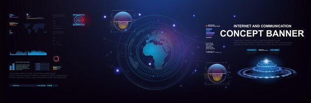 Comunicaciones por Internet Banner conceptual con elementos HUD Fondo futurista con mapa holográfico de la tierra Internet 30 Electrónica y programación digital Tecnologías de Internet y comunicaciones