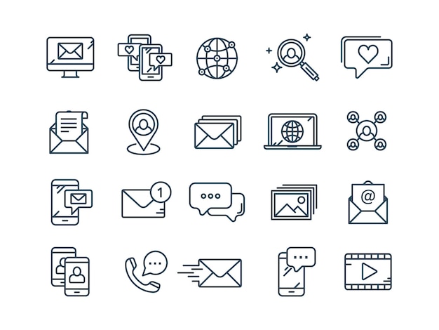 Comunicaciónredes sociales y chat en línea Llamada telefónicaapp messenger Móvilsmartphone Computación correo electrónico Línea delgada conjunto de iconos web colección de iconos