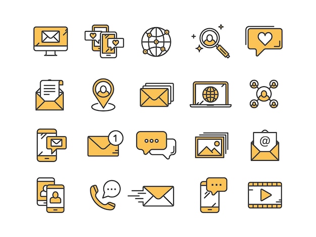 Comunicaciónredes sociales y chat en línea Llamada telefónicaapp messenger Móvilsmartphone Computación correo electrónico Línea delgada conjunto de iconos web colección de iconos