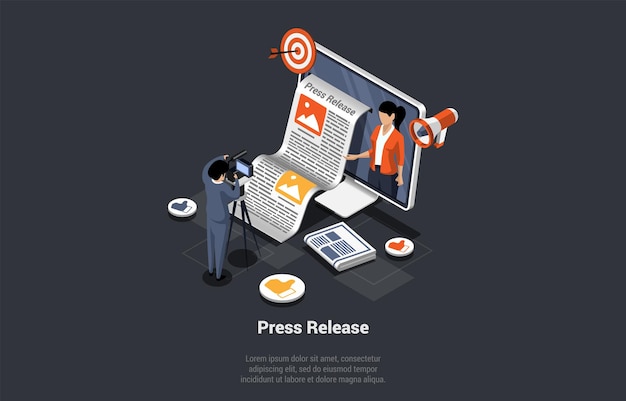 Comunicado de prensa Concepto de publicación de papel de noticias Comunicado de prensa Revista en línea Publicación de noticias Prensa en línea Reportero de medios o Camarógrafo Dispara Informe en cámara Isométrica 3d Vector Ilustración
