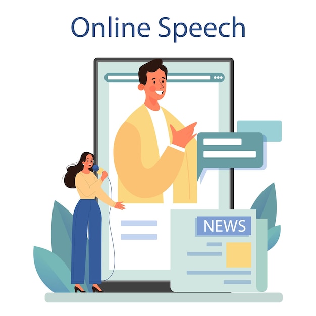 Comunicado de prensa Servicio o plataforma en línea Publicación de medios masivos Difusión de noticias diaria Anuncio de prensa Discurso en línea Ilustración de vector plano aislado