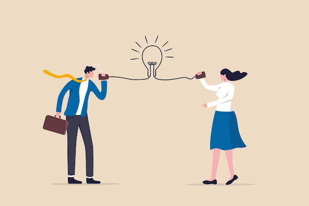 Comunicar ideas, consejos o soluciones, buenas habilidades de comunicación para el éxito empresarial, lluvia de ideas o discusión en el concepto de reunión, empresario inteligente, hablar con un colega en la línea telefónica con el símbolo de la bombilla