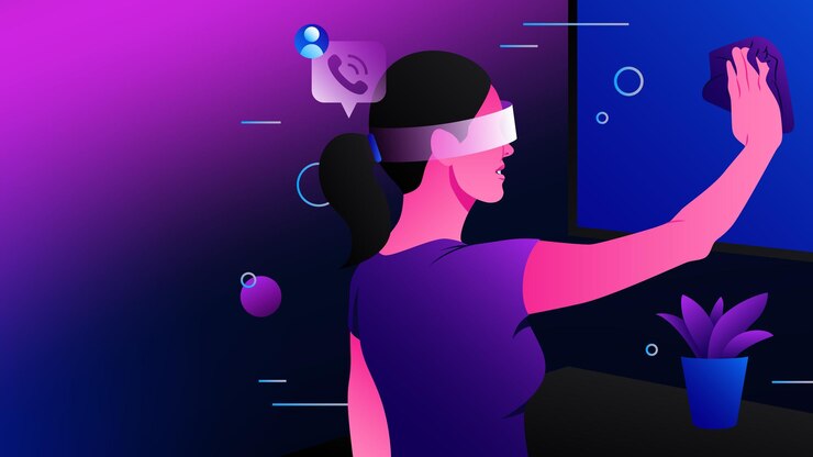 Vector comunicarse en metaverso mujer que habla y limpia en realidad virtual
