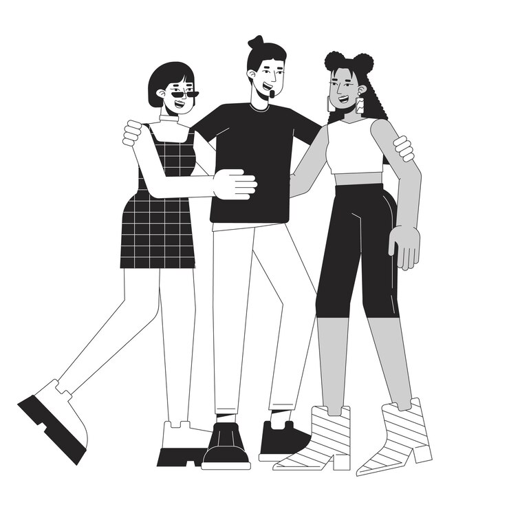 Comunidad de amigos línea plana personajes vectoriales blancos y negros personas felices se comunican amistades contorno editable personas de cuerpo completo dibujos animados simples ilustración de puntos aislados para diseño gráfico web