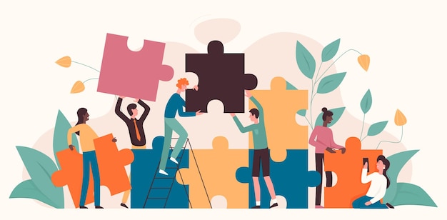 Comunidad de empresarios que construyen el trabajo en equipo y la cooperación para lograr logros