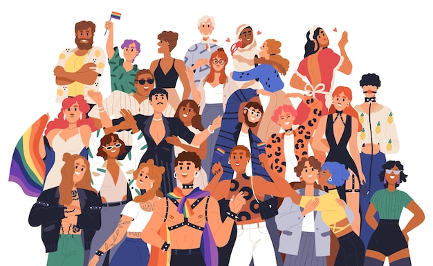 Vector comunidad lgbt. grupo de personas felices en el orgullo lgbtq con banderas. libertad sexual y concepto de diversidad de amor. gays, lesbianas y personas queer. ilustración vectorial plana aislada sobre fondo blanco