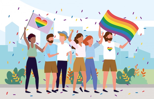 Comunidad de LGBT junto con banderas de arcoiris.