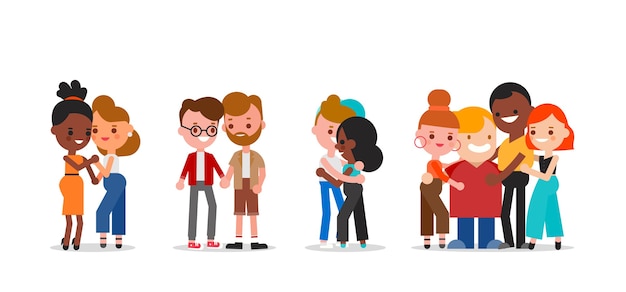 Vector comunidad lgbtq. conjunto de personas diversas. hombres y mujeres. ilustración de personajes de dibujos animados de diseño plano.