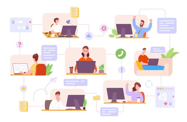 Comunidad de oficina interactiva trabajo en equipo comunicación creativa en proyecto colaborativo trabajo de colega en el lugar de trabajo cómodo mostrar ilustración de vector de flujo de trabajo ágil kanban scrum