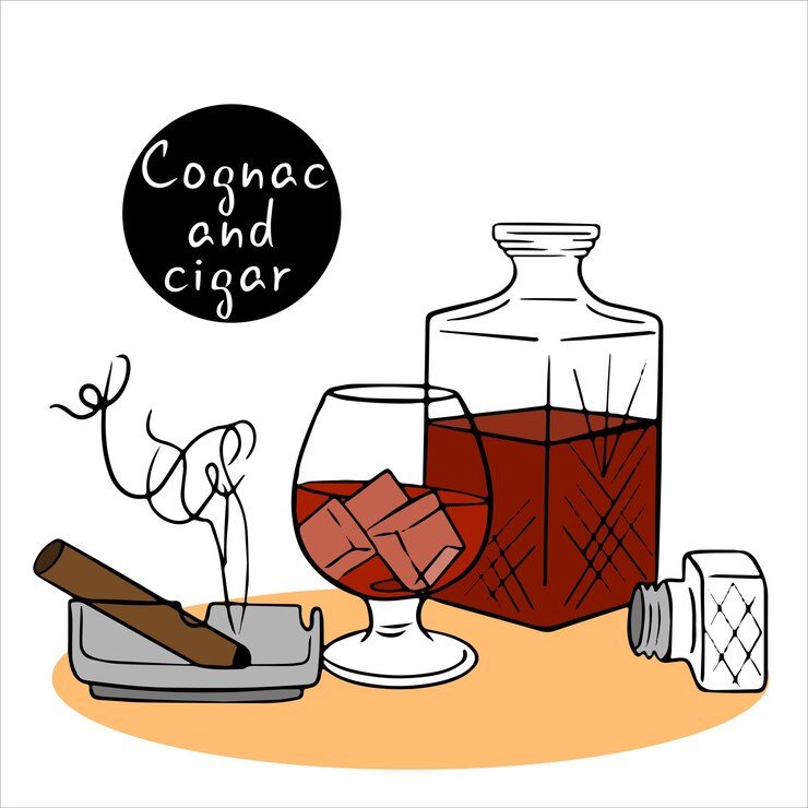 Coñac y vidrio de cigarro y botella de whisky de coñac de élite con cenicero de tabaco para cigarros productos para fumar