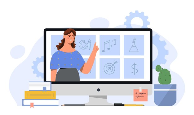 Concept de aprendizaje en línea mujer en monitor de computadora o pantalla de educación y formación a distancia maestro