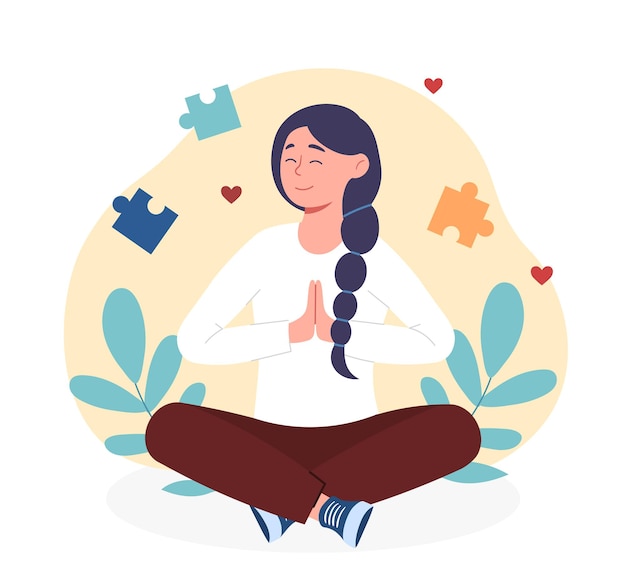 Concept de bienestar emocional mujer medita y restablece su salud mental estabilidad psicológica