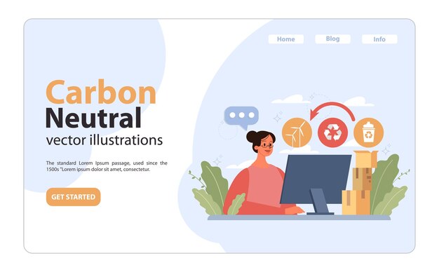 Concept de carbono neutral mujer en el escritorio con símbolos ecológicos que indican el reciclaje de la energía eólica y los residuos