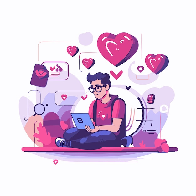 Concept de citas en línea Ilustración vectorial en estilo plano Hombre joven con una computadora portátil sentado en el suelo