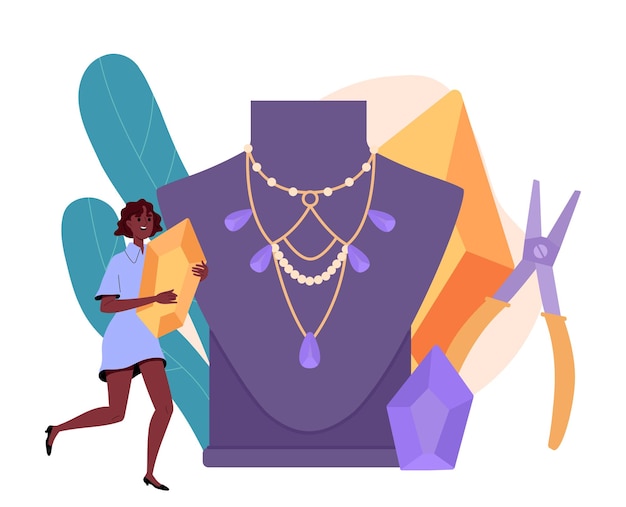 Concept de decoración hecha a mano mujer con joyas cerca de maniquí y maniquí elegancia y estética