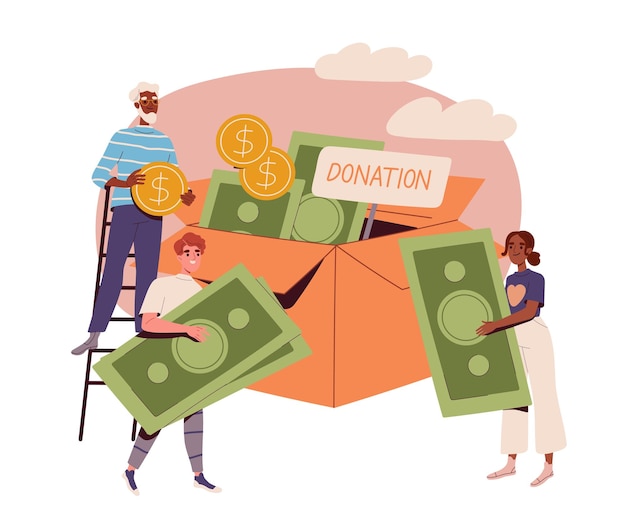 Concept de donación benéfica hombres y mujeres con billetes y monedas de oro generosidad y bondad