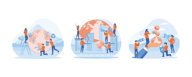 Concept de ecología de impresión Biotecnología La gente se prepara para las vacaciones salvar el planeta de la contaminación Establezca un vector plano Ilustración moderna