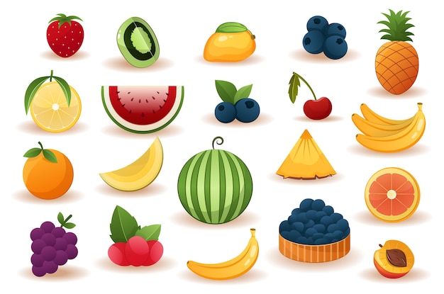 Concept Fruits Un colorido conjunto de diseños de dibujos animados planos con varias frutas sobre un fondo blanco.