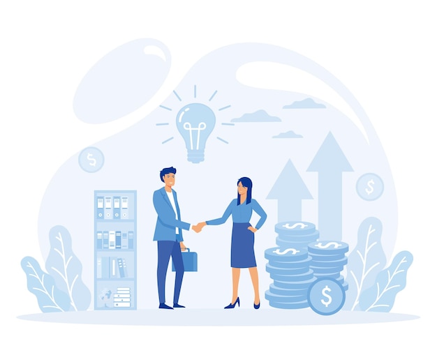 Concept de inversión de sociedad de riesgo Empresarios se estrechan la mano haciendo un trato financiero con una mujer
