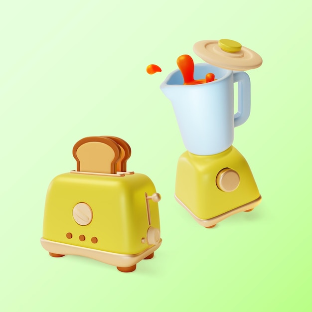 Concept Kitchen 3d Estilo de dibujos animados Mezclador y tostadora Vector
