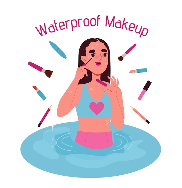 Vector concept de maquillaje a prueba de agua mujer con pinceles y cosméticos belleza elegancia y estética sombra de ojos y lápiz de lápiz labial ilustración vectorial plana de dibujos animados aislada sobre fondo blanco