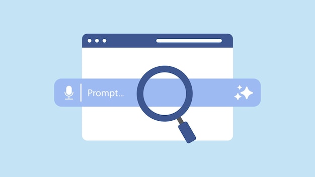 Concept of AI generate a prompt Browser window with generate bar and magnifying glass Artificial intelligence technology for digital content and automated data transformation Vector illustration