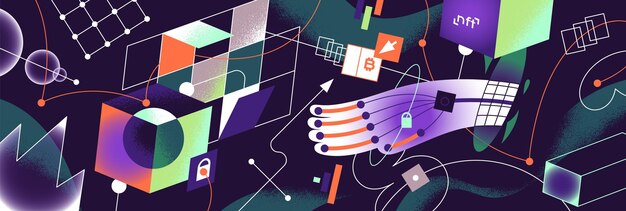 Concept of blockchain technology Abstract background with digital networks of block chain Crypto mining NFT trading cryptocurrency tokens Modern tech in finance system Flat vector illustration