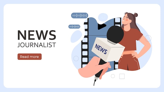 Concept de periodista de noticias Mujer con micrófono responde preguntas Reporter filmando reportaje Medios de comunicación masivos y periodismo programa de televisión Diseño de página web Ilustración vectorial plana